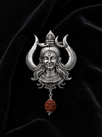 Handcrafted Lord Shiva Brooch with Rudraksha | Oxidized Silver Plated Brass Mahadev Brooch | Spiritual Devotional Pin for Men & Women