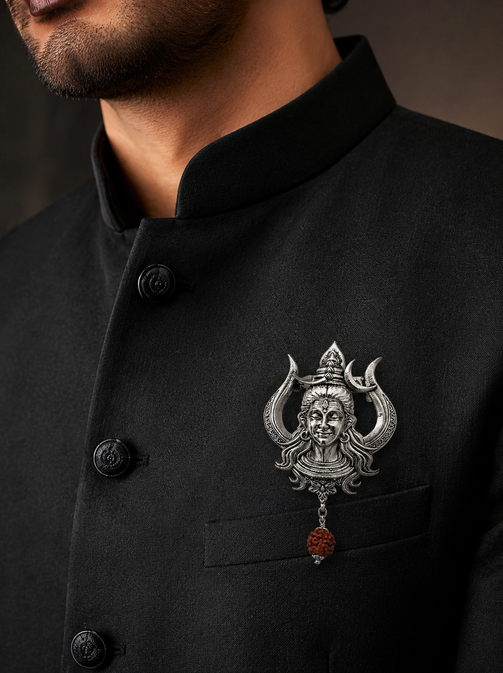 Handcrafted Lord Shiva Brooch with Rudraksha | Oxidized Silver Plated Brass Mahadev Brooch | Spiritual Devotional Pin for Men & Women
