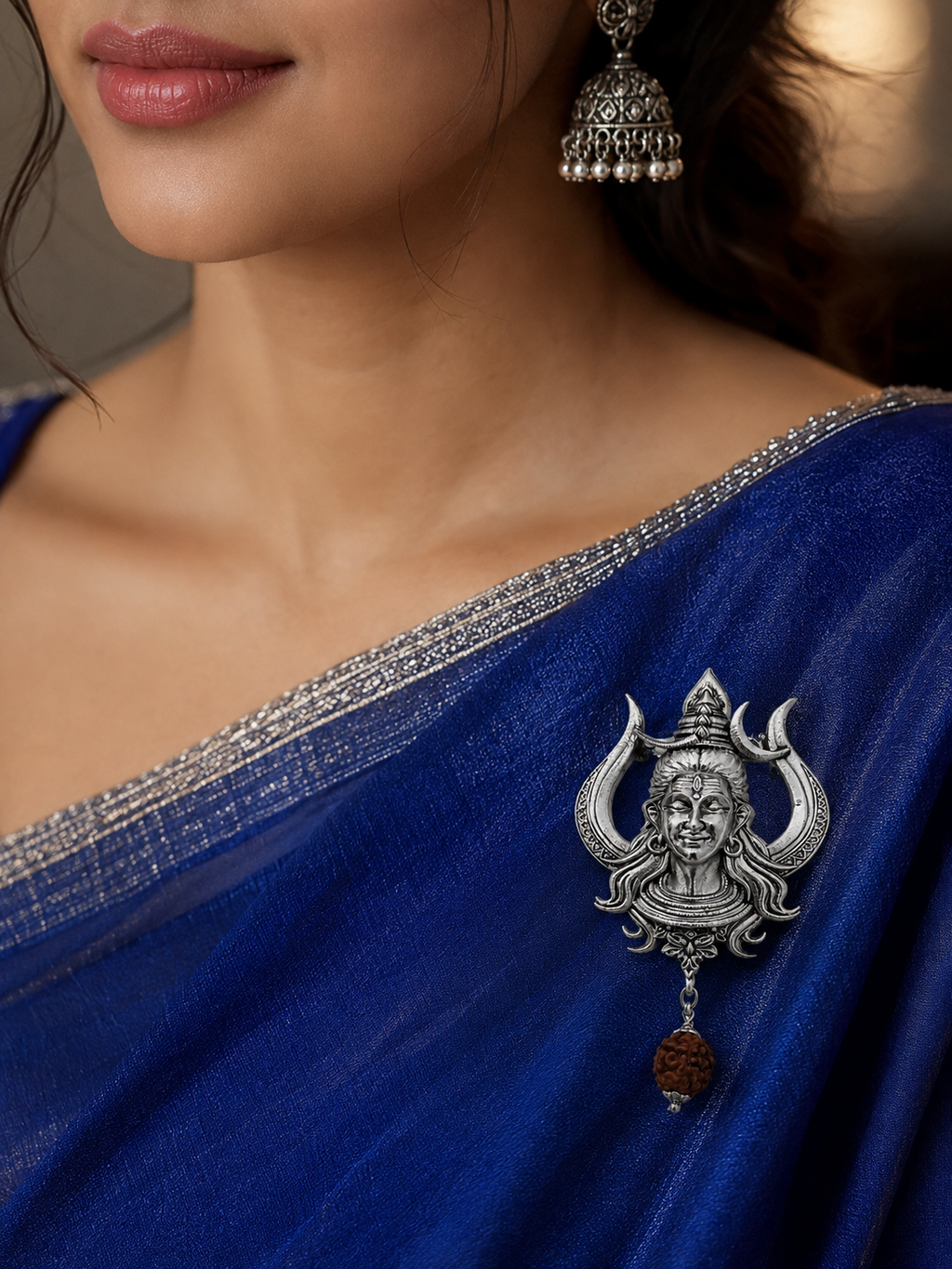 Handcrafted Lord Shiva Brooch with Rudraksha | Oxidized Silver Plated Brass Mahadev Brooch | Spiritual Devotional Pin for Men & Women