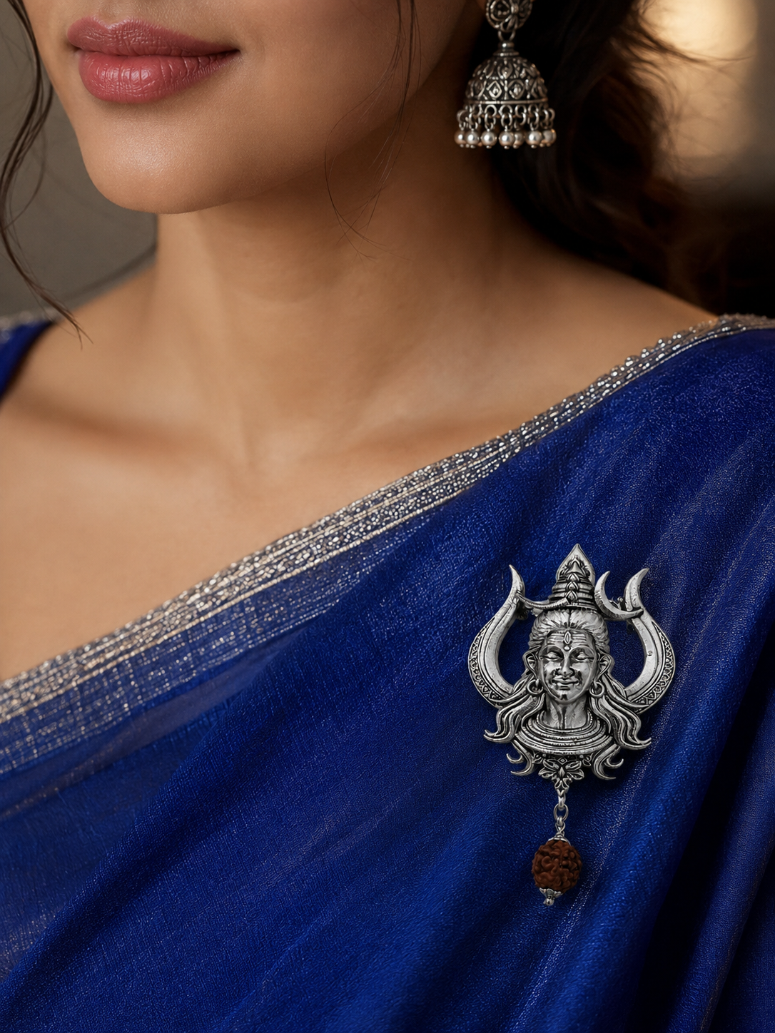 Handcrafted Lord Shiva Brooch with Rudraksha | Oxidized Silver Plated Brass Mahadev Brooch | Spiritual Devotional Pin for Men & Women