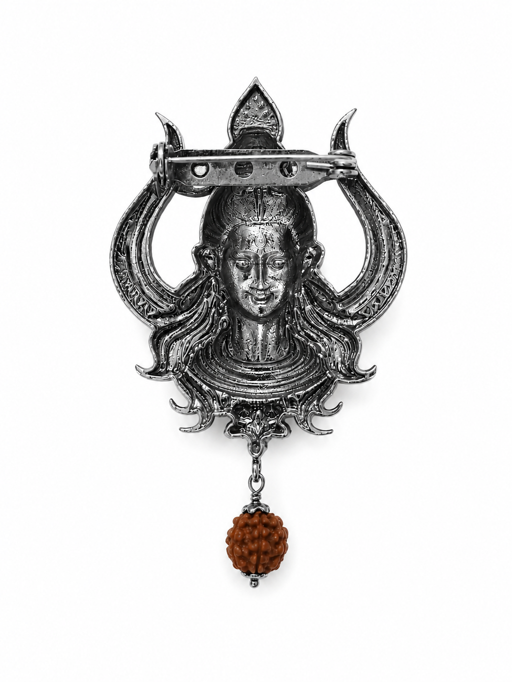 Handcrafted Lord Shiva Brooch with Rudraksha | Oxidized Silver Plated Brass Mahadev Brooch | Spiritual Devotional Pin for Men & Women