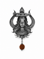 Handcrafted Lord Shiva Brooch with Rudraksha | Oxidized Silver Plated Brass Mahadev Brooch | Spiritual Devotional Pin for Men & Women