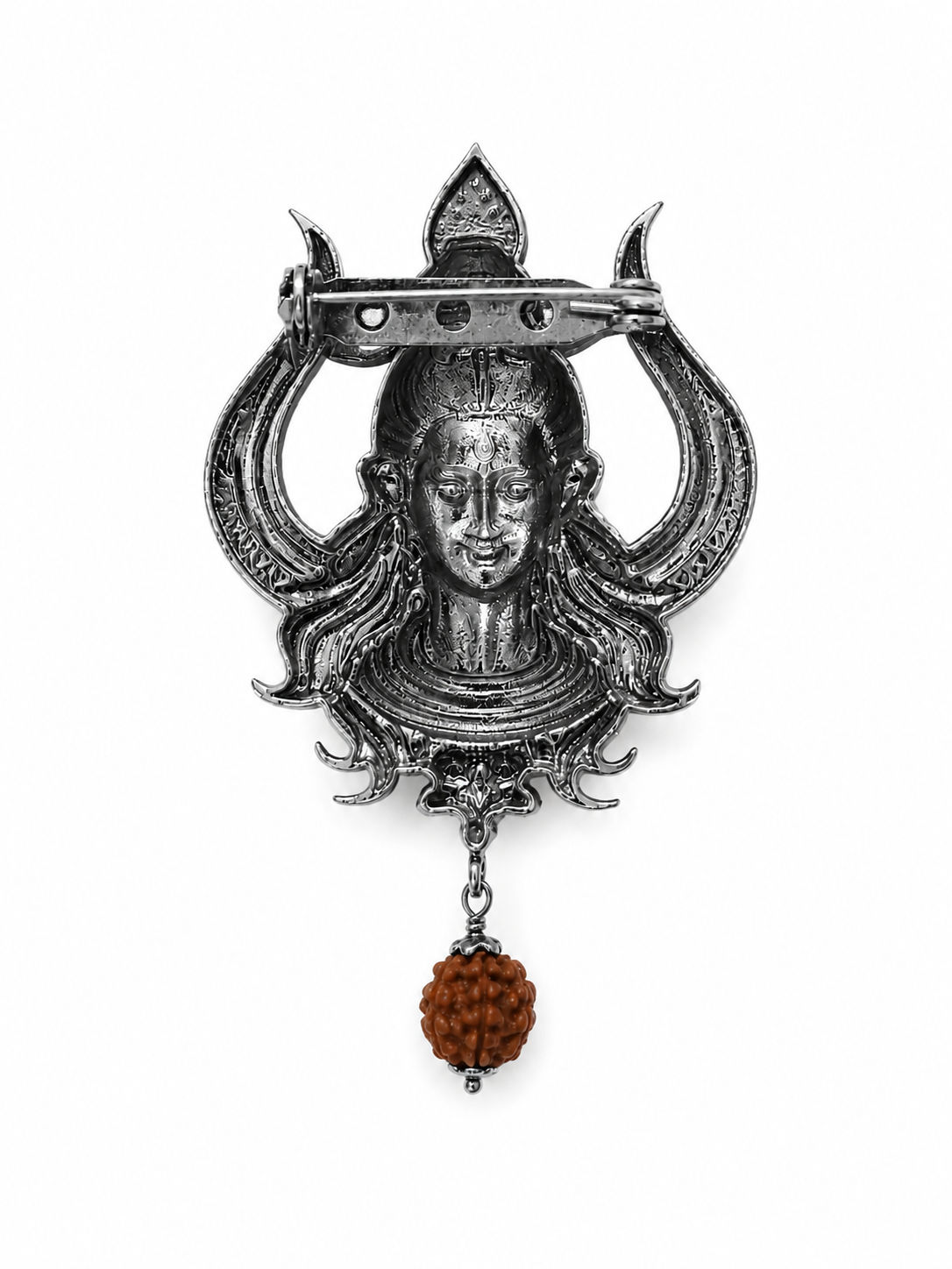 Handcrafted Lord Shiva Brooch with Rudraksha | Oxidized Silver Plated Brass Mahadev Brooch | Spiritual Devotional Pin for Men & Women