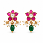 Kundan Gold Plated Floral Earrings with Pearl & Green Bead Danglers – Traditional Indian Statement Earrings