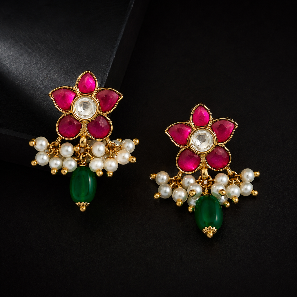 Kundan Gold Plated Floral Earrings with Pearl & Green Bead Danglers – Traditional Indian Statement Earrings