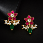 Kundan Gold Plated Floral Earrings with Pearl & Green Bead Danglers – Traditional Indian Statement Earrings