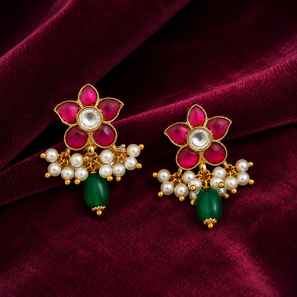 Kundan Gold Plated Floral Earrings with Pearl & Green Bead Danglers – Traditional Indian Statement Earrings
