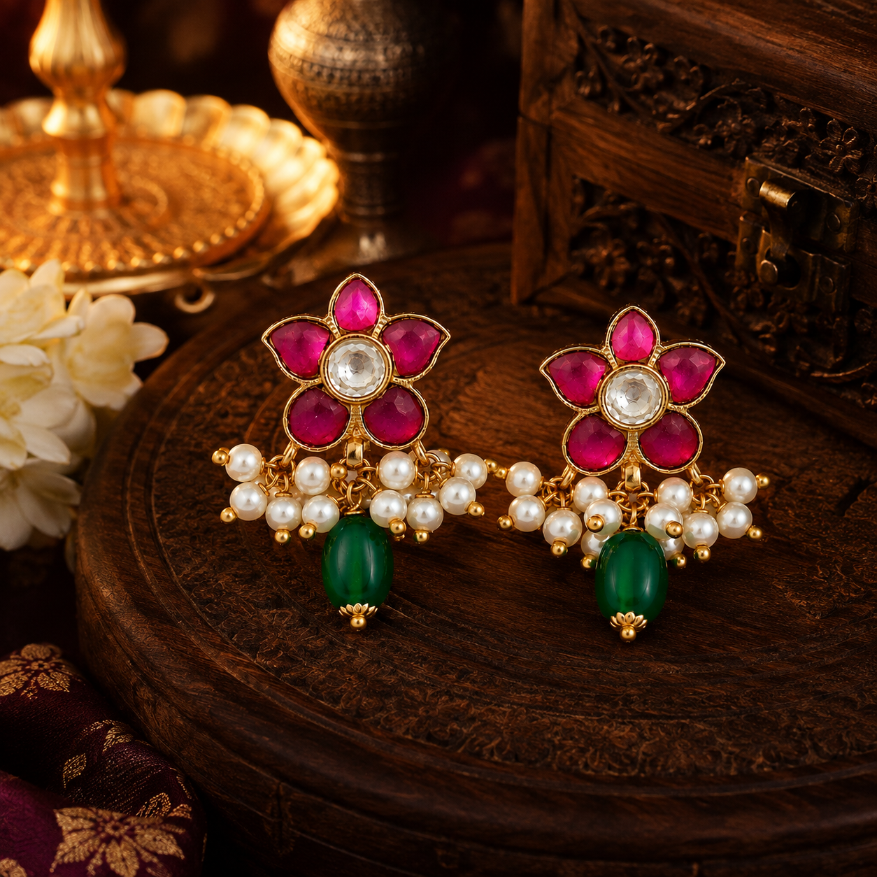 Kundan Gold Plated Floral Earrings with Pearl & Green Bead Danglers – Traditional Indian Statement Earrings