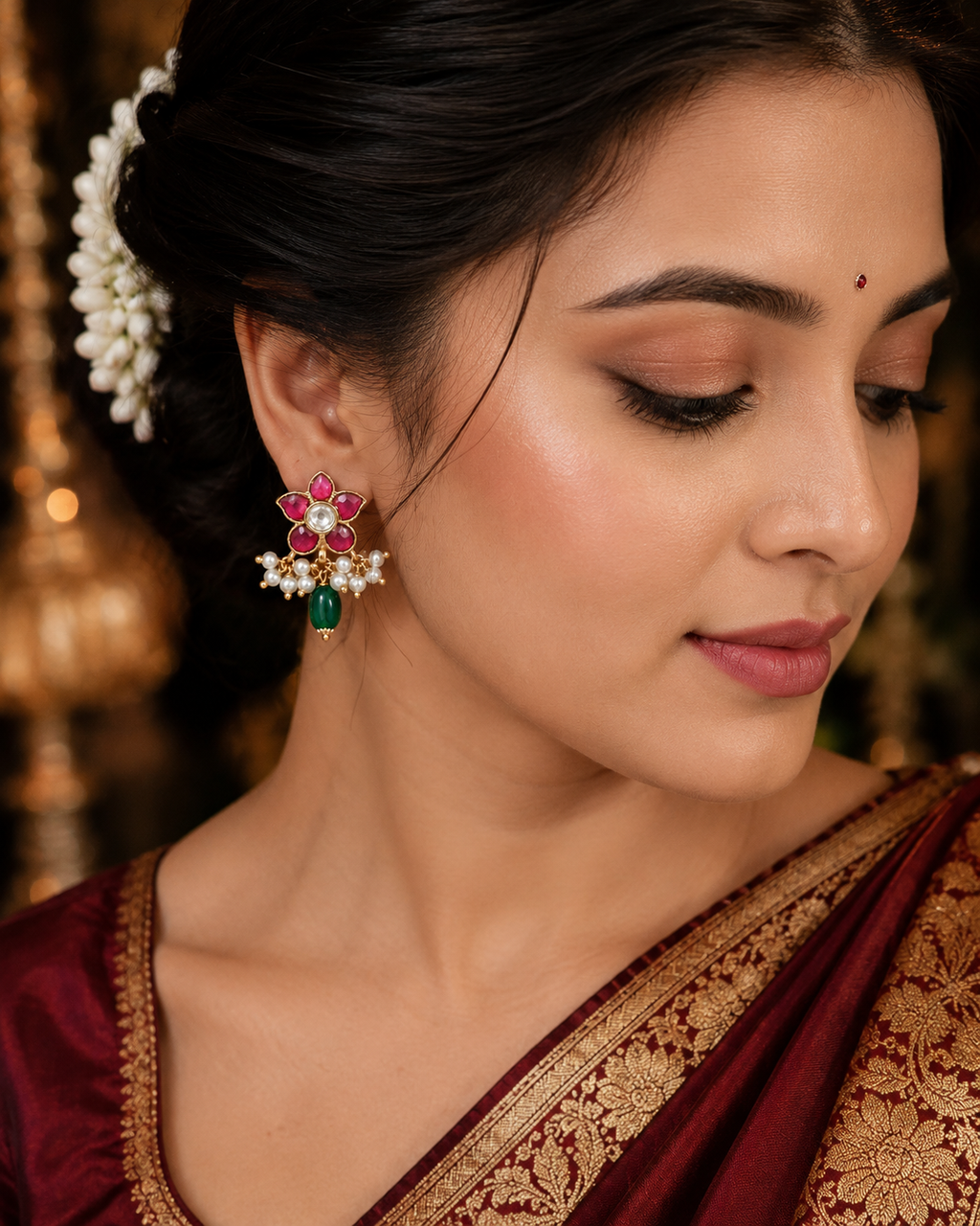 Kundan Gold Plated Floral Earrings with Pearl & Green Bead Danglers – Traditional Indian Statement Earrings