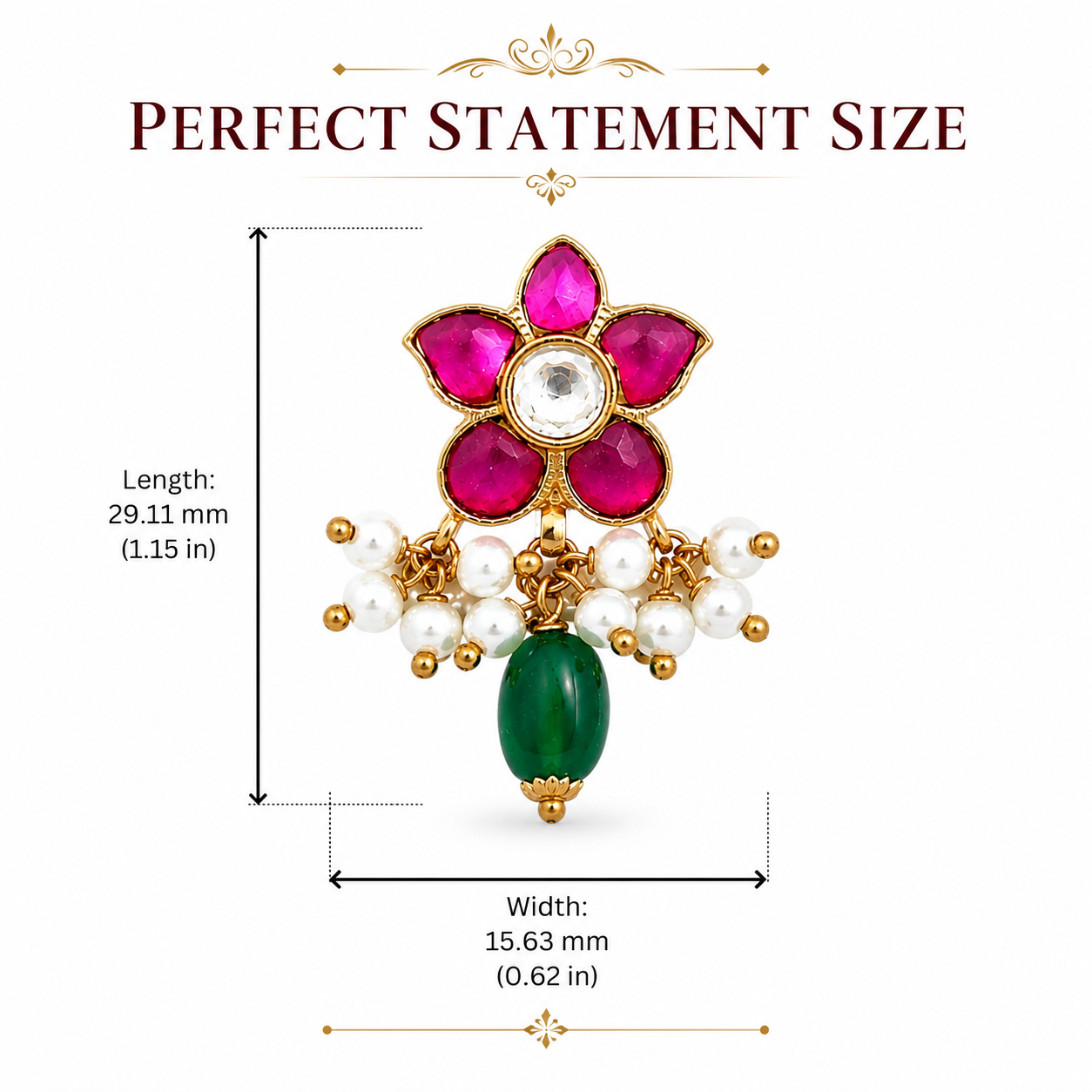 Kundan Gold Plated Floral Earrings with Pearl & Green Bead Danglers – Traditional Indian Statement Earrings