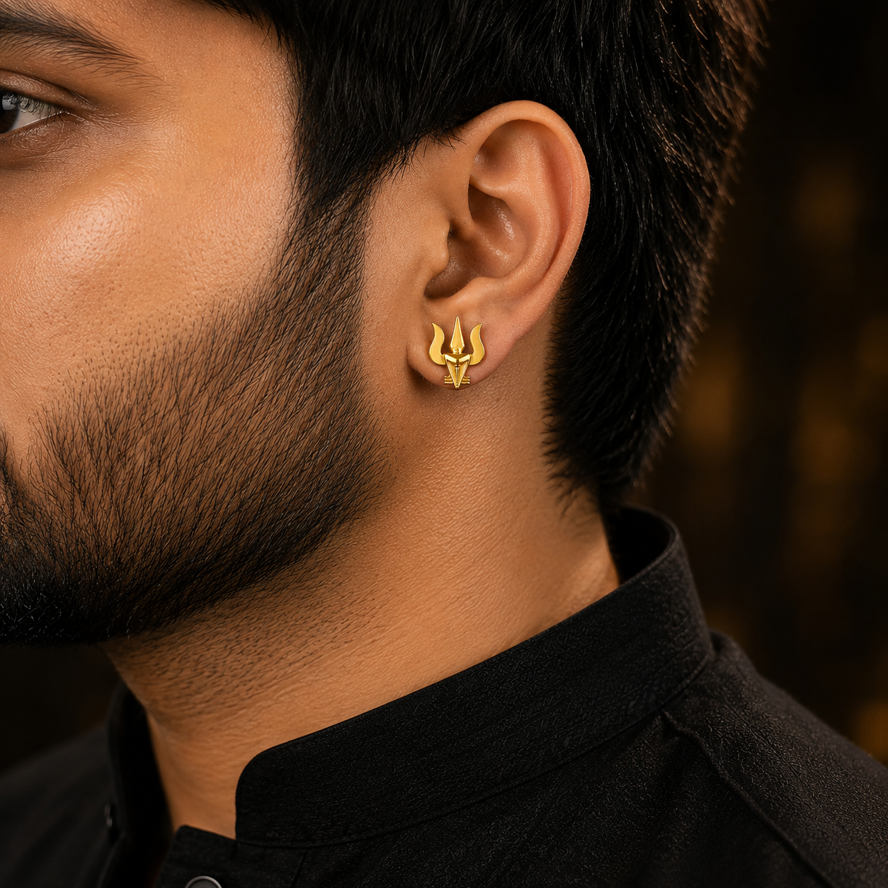 Gold Plated Brass Trishul & Snake Stud Earrings for Men | Stylish Shiva Inspired Religious Earrings | Unique Trishul Studs for Men