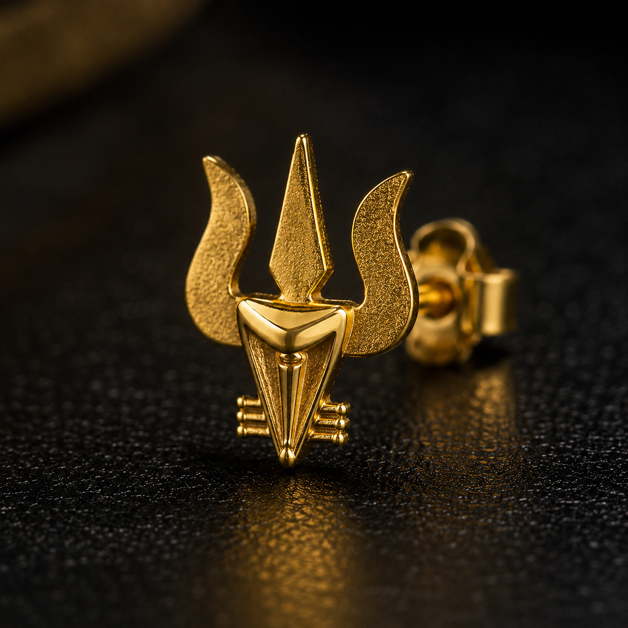 Gold Plated Brass Trishul & Snake Stud Earrings for Men | Stylish Shiva Inspired Religious Earrings | Unique Trishul Studs for Men