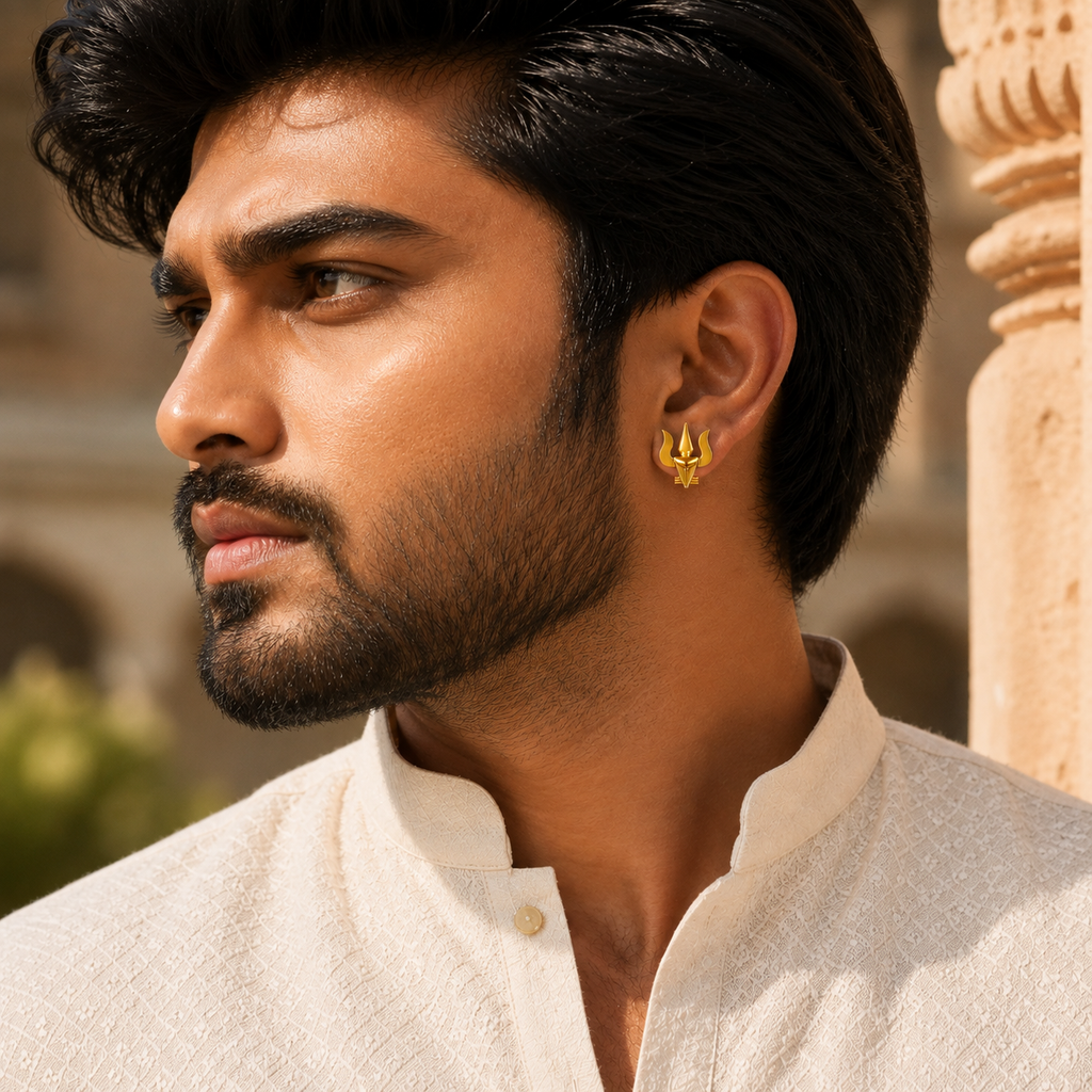 Gold Plated Brass Trishul & Snake Stud Earrings for Men | Stylish Shiva Inspired Religious Earrings | Unique Trishul Studs for Men