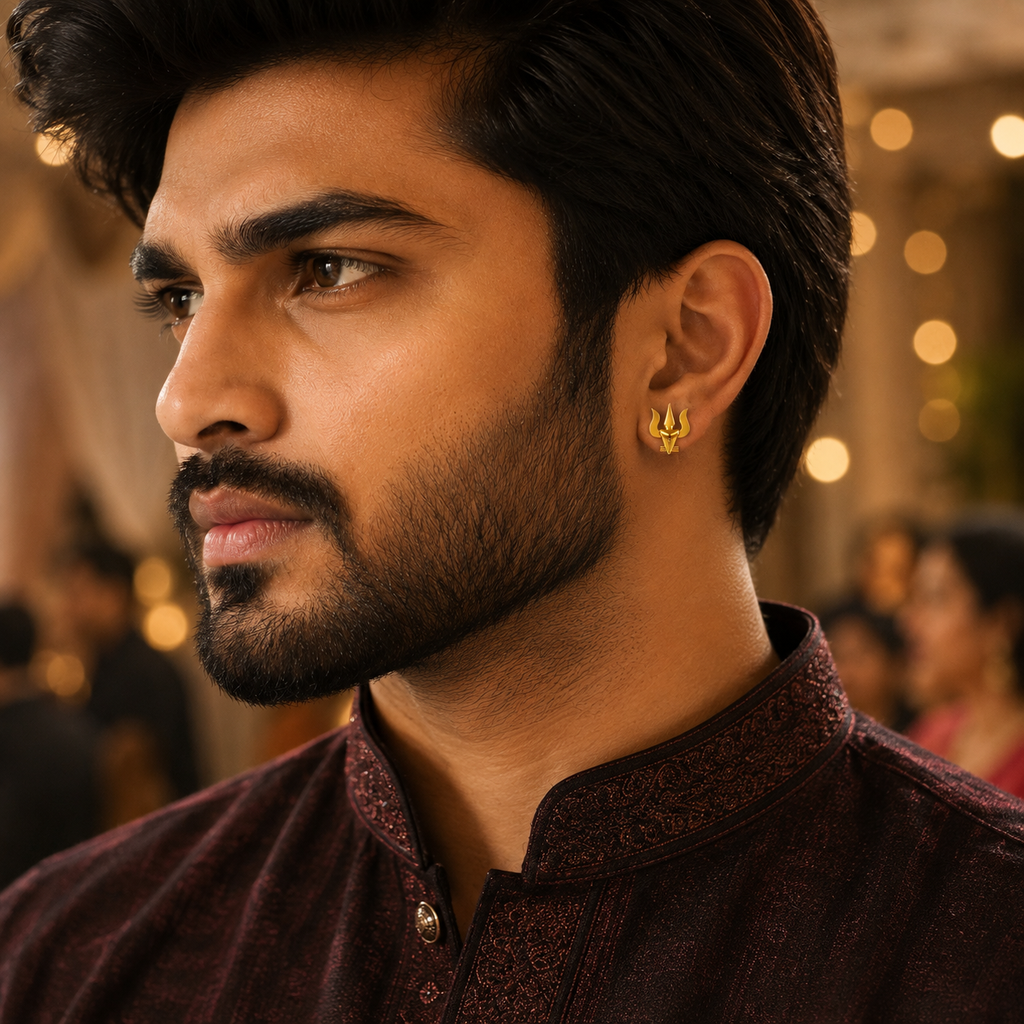 Gold Plated Brass Trishul & Snake Stud Earrings for Men | Stylish Shiva Inspired Religious Earrings | Unique Trishul Studs for Men