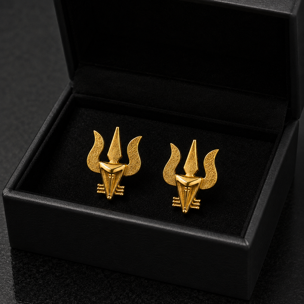 Gold Plated Brass Trishul & Snake Stud Earrings for Men | Stylish Shiva Inspired Religious Earrings | Unique Trishul Studs for Men