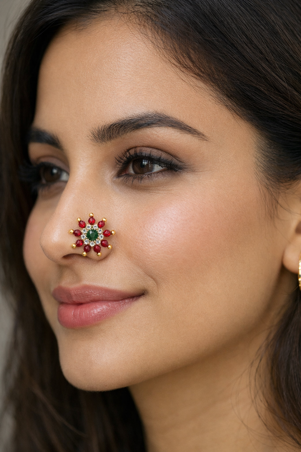 Maharashtrian Style Nath Nose Pin | Red & Green Stone Kundan Design | Gold Plated Traditional Clip-On Nose Ring for Women