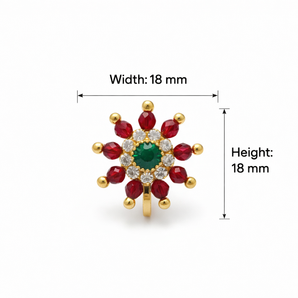 Maharashtrian Style Nath Nose Pin | Red & Green Stone Kundan Design | Gold Plated Traditional Clip-On Nose Ring for Women