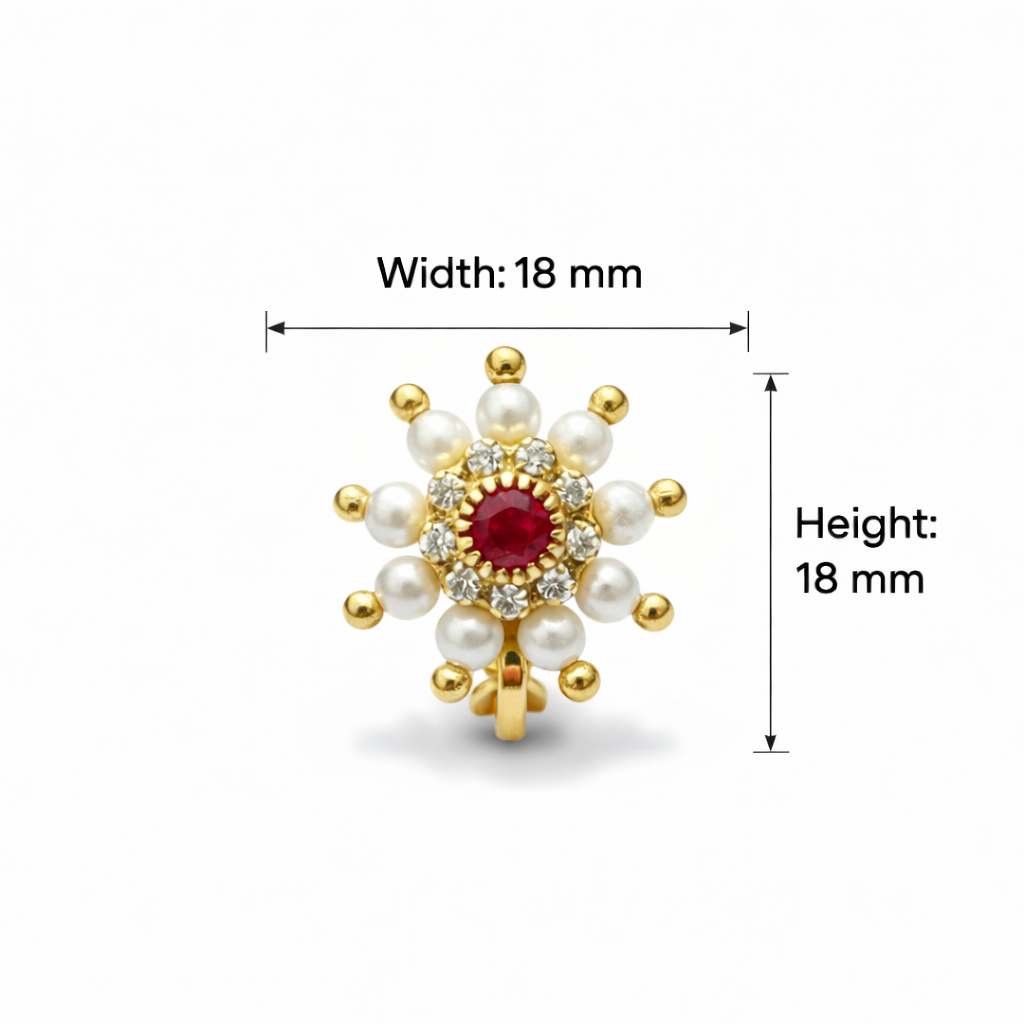 Maharashtrian Style Nath Nose Pin | Red Stone & Pearl Kundan Design | Gold Plated Traditional Clip-On Nose Ring for Women