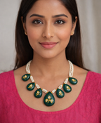 Handcrafted Green Onyx & Diamond Polki Necklace with Seed Pearl Strands – Royal Kundan Jewelry for Women
