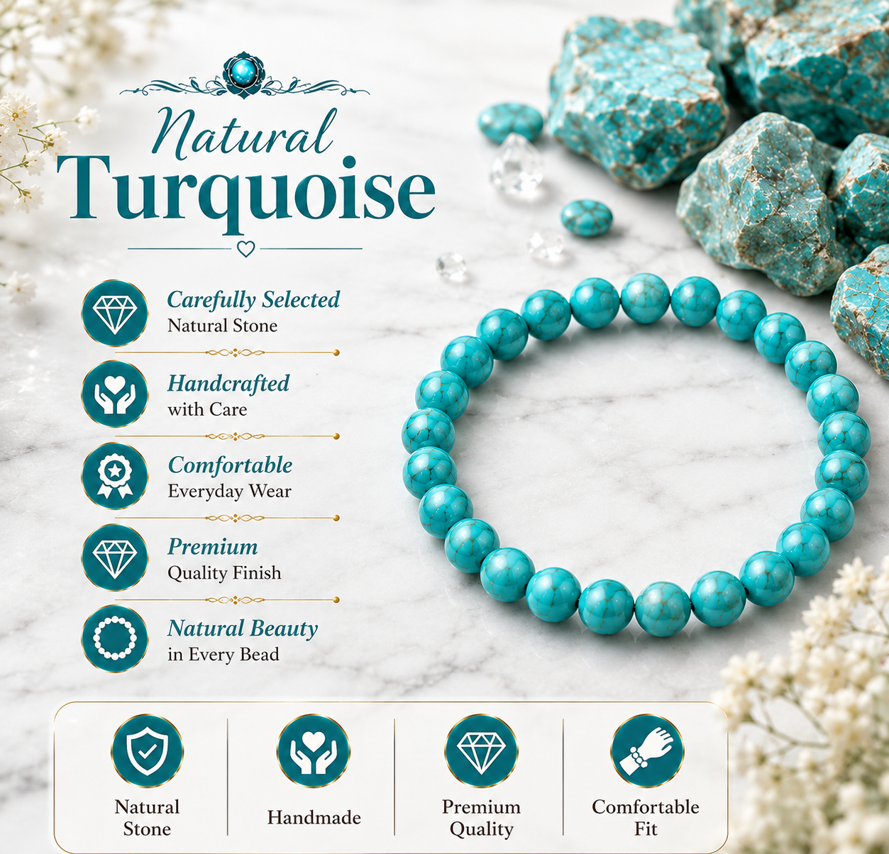 Natural Turquoise Stone Bracelet | Handmade Gemstone Bracelet for Everyday Wear