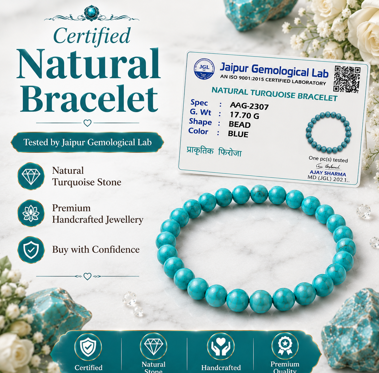 Natural Turquoise Stone Bracelet | Handmade Gemstone Bracelet for Everyday Wear