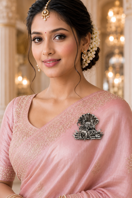 Silver Plated Brass Lakshmi Narayan Divine Brooch for Men & Women | Spiritual Temple Jewelry