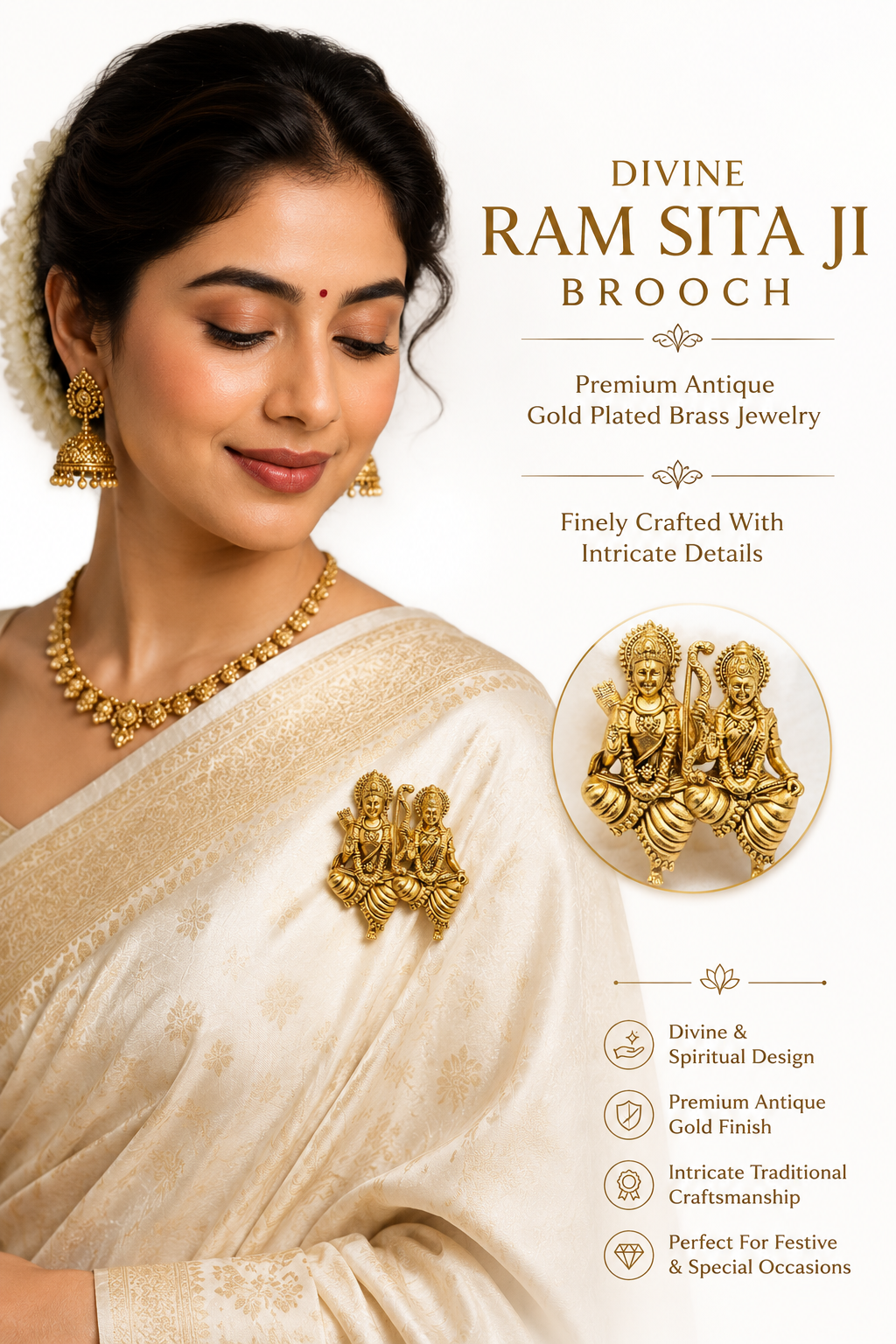 Ram Sita Antique Gold Finish Brooch – Elegant Devotional Jewellery