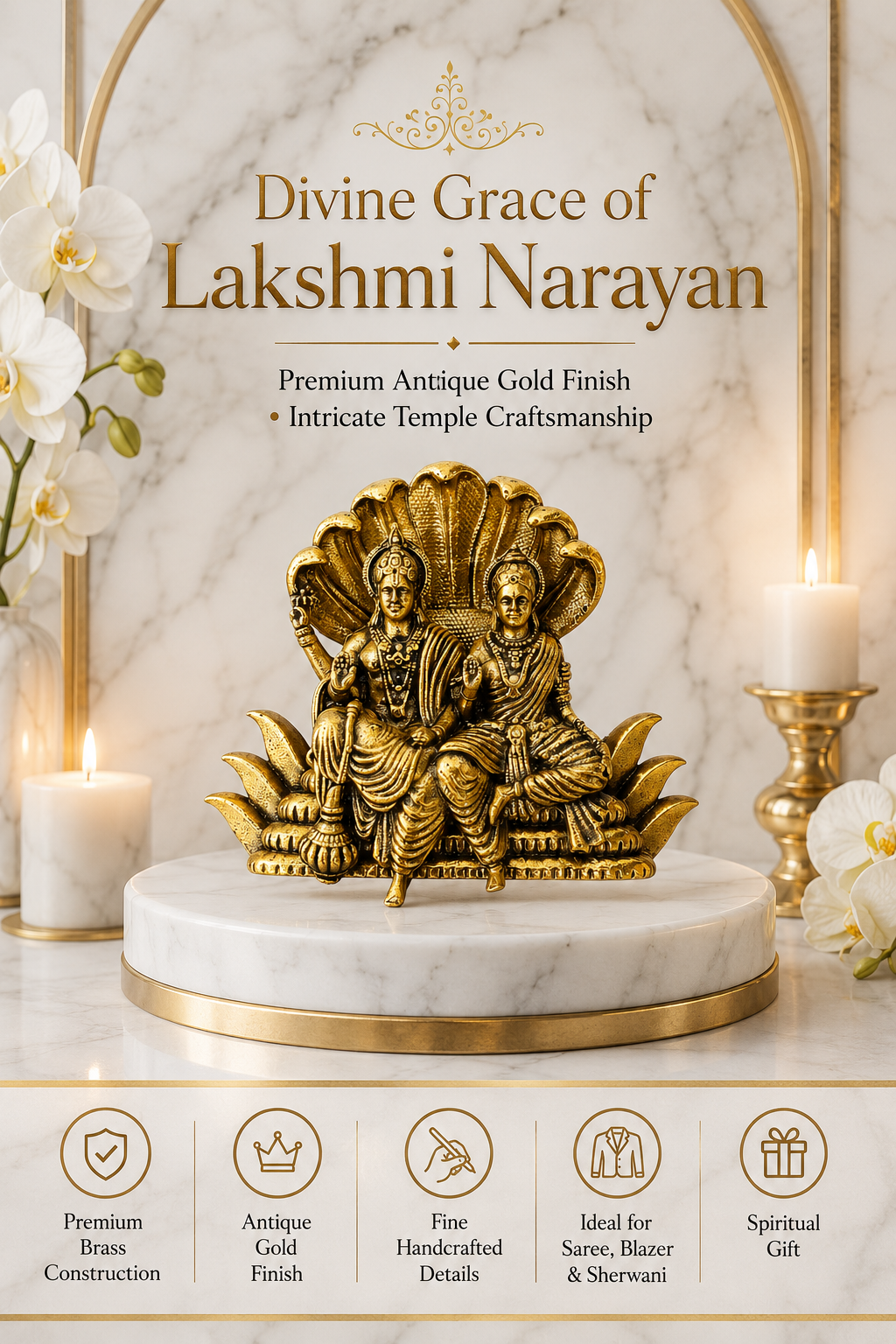 Gold Plated Brass Lakshmi Narayan Brooch for Saree, Blazer & Sherwani | Antique Temple Design | Handmade Traditional Religious Brooch Pin for Men & Women