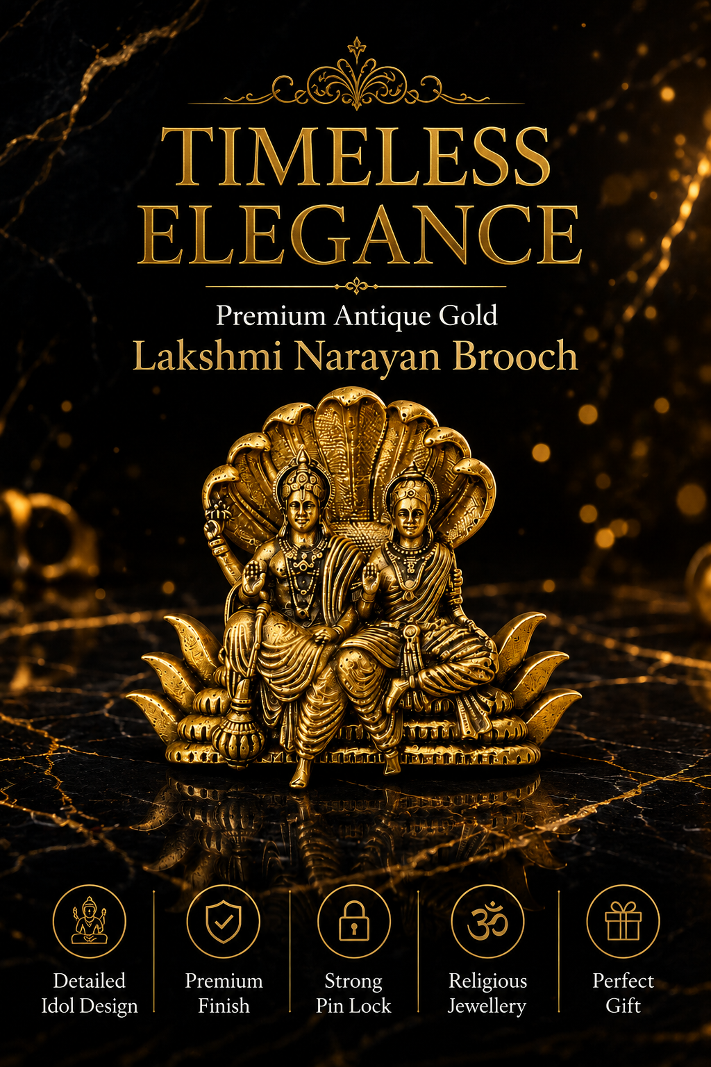 Gold Plated Brass Lakshmi Narayan Brooch for Saree, Blazer & Sherwani | Antique Temple Design | Handmade Traditional Religious Brooch Pin for Men & Women