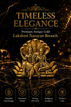 Gold Plated Brass Lakshmi Narayan Brooch for Saree, Blazer & Sherwani | Antique Temple Design | Handmade Traditional Religious Brooch Pin for Men & Women
