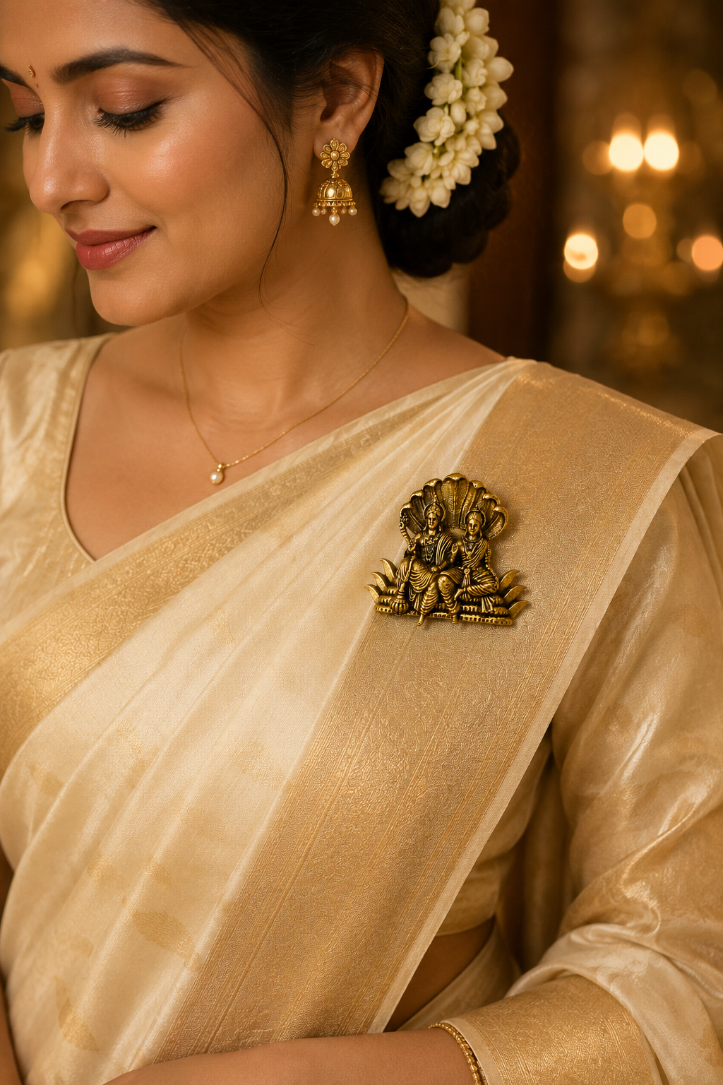 Gold Plated Brass Lakshmi Narayan Brooch for Saree, Blazer & Sherwani | Antique Temple Design | Handmade Traditional Religious Brooch Pin for Men & Women