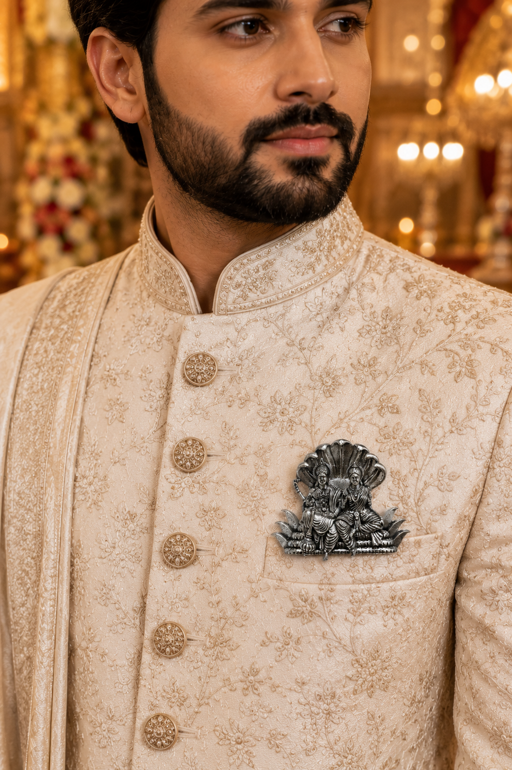 Antique Oxidized Silver Plated Brass Lakshmi Narayan Brooch for Men & Women | Religious Temple Brooch Pin for Saree, Sherwani, Blazer, Dupatta & Ethnic Wear | Spiritual Gift