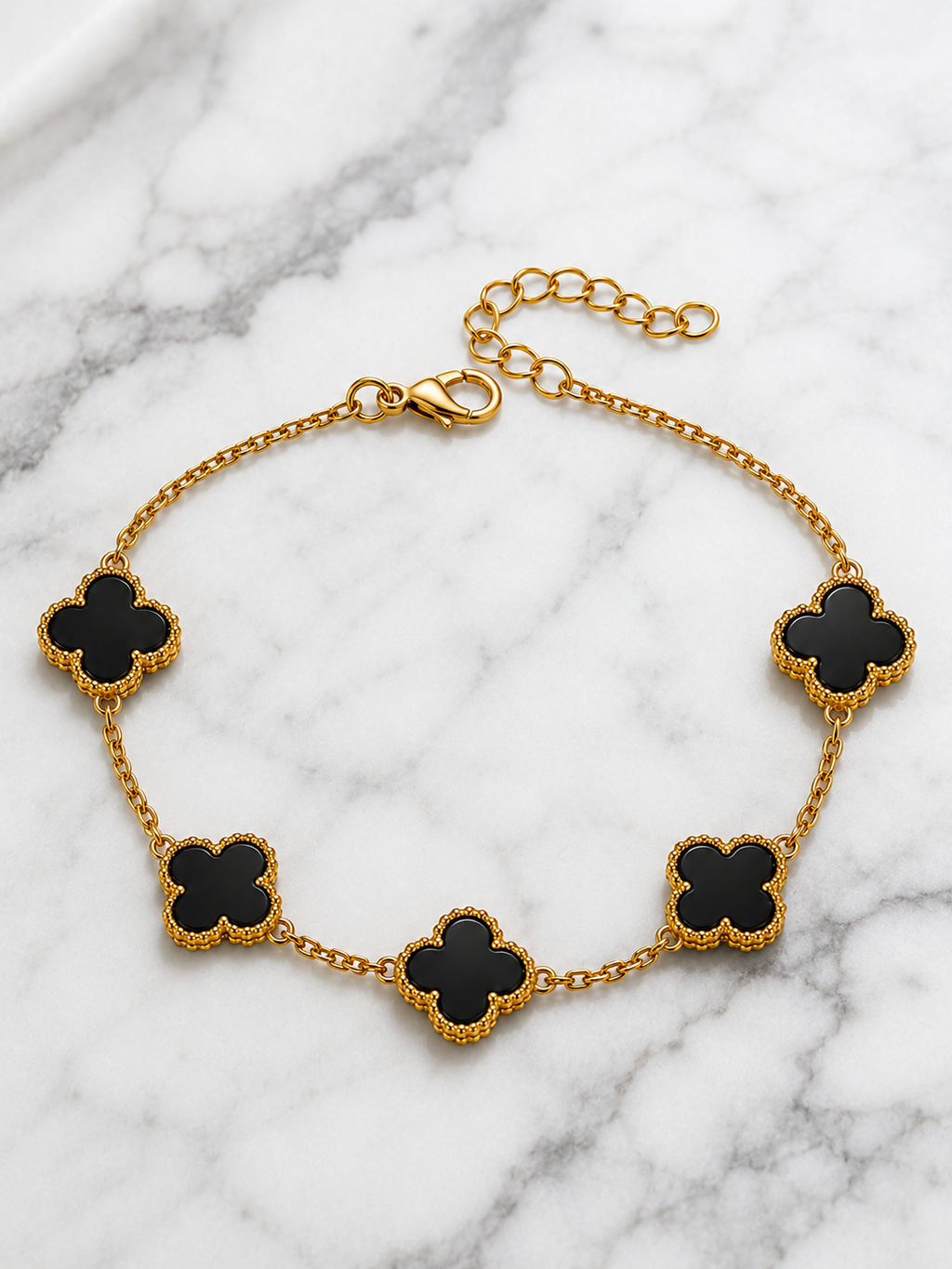 Gold Plated Brass Black Clover Bracelet for Women | Adjustable Fashion Charm Bracelet