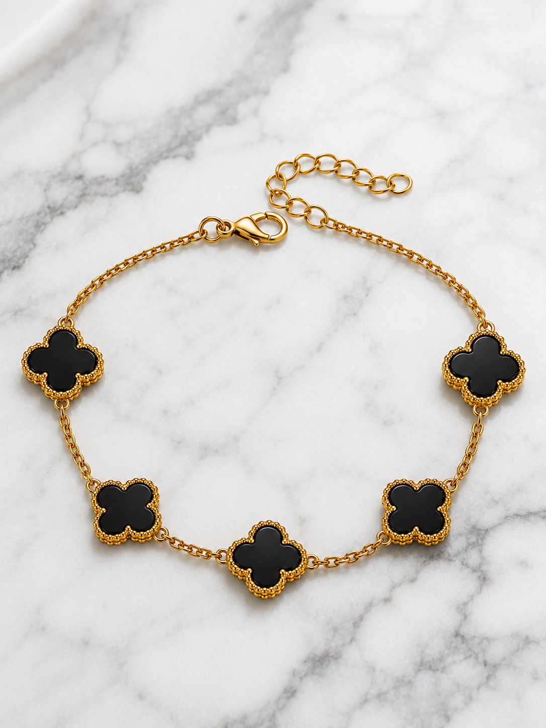 Gold Plated Brass Black Clover Bracelet for Women | Adjustable Fashion Charm Bracelet