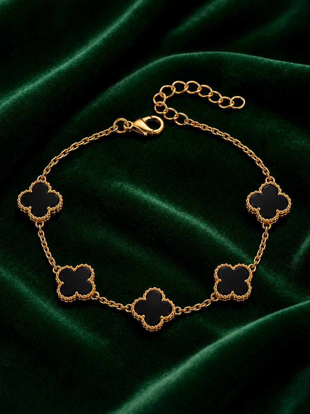 Gold Plated Brass Black Clover Bracelet for Women | Adjustable Fashion Charm Bracelet