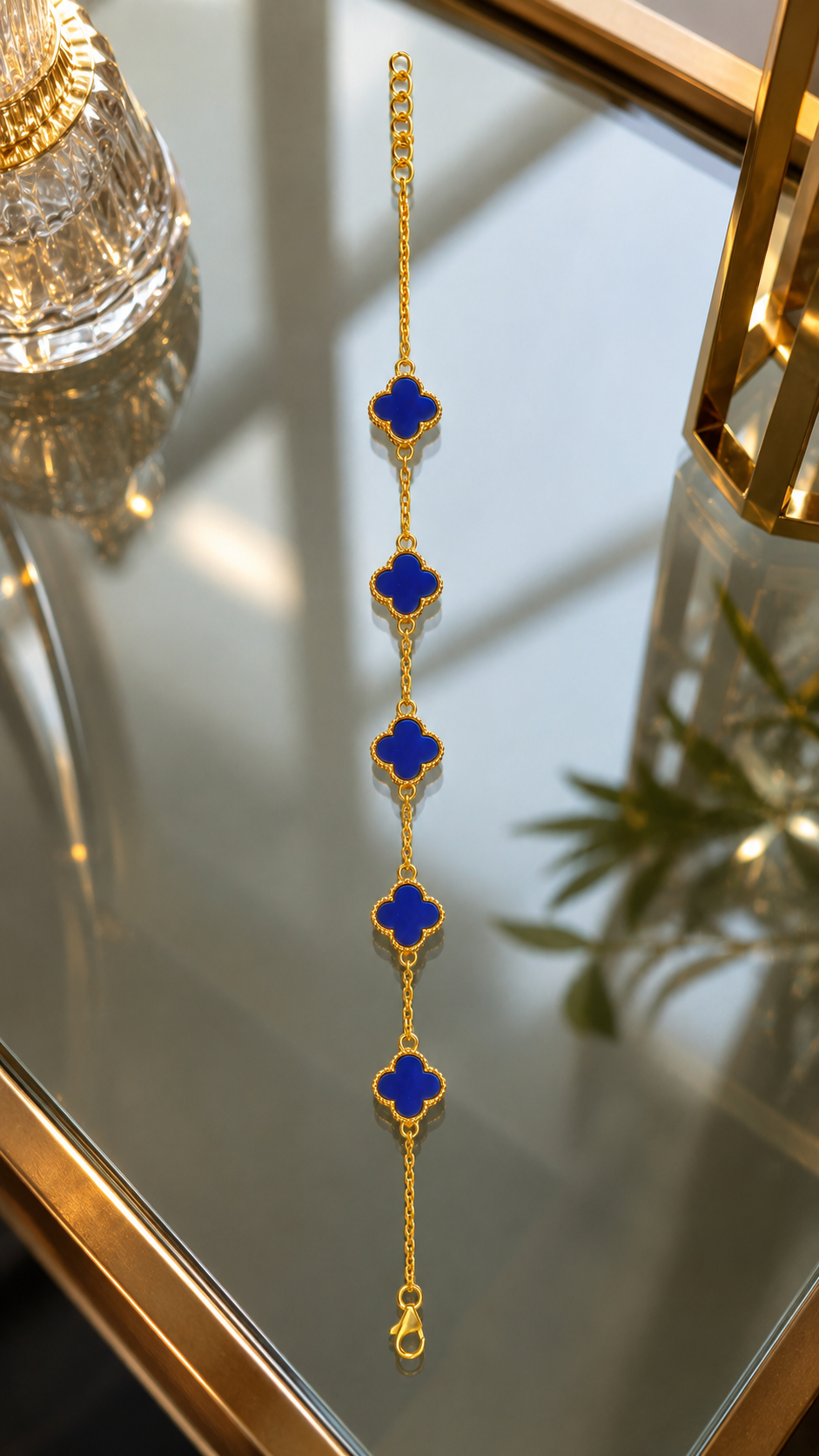 Gold Plated Brass Blue Clover Charm Bracelet for Women | Adjustable Fashion Bracelet | Elegant Everyday Jewellery