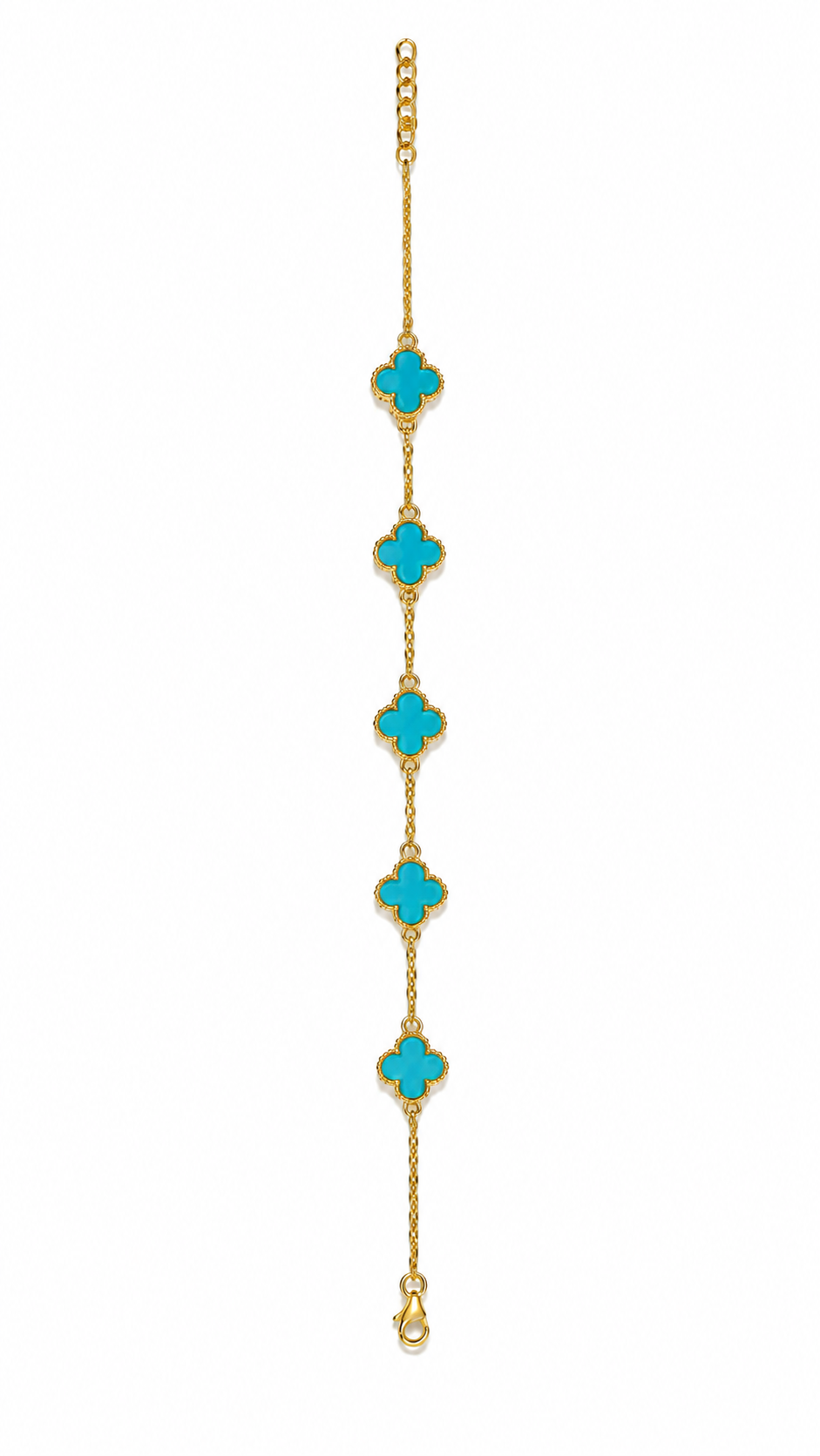 Gold Plated Brass Turquoise Clover Charm Bracelet for Women | Adjustable Fashion Bracelet | Elegant Everyday Jewellery