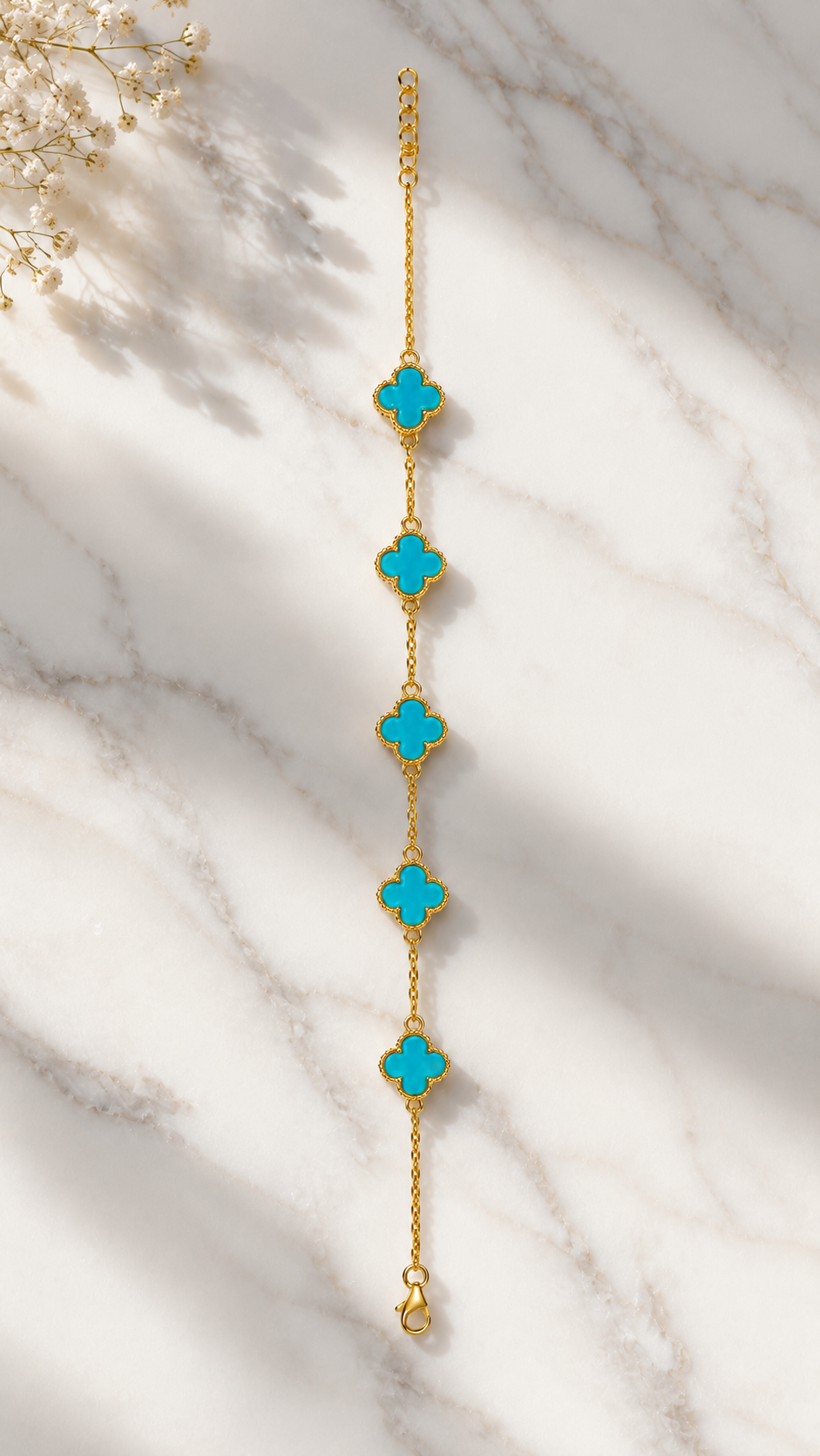 Gold Plated Brass Turquoise Clover Charm Bracelet for Women | Adjustable Fashion Bracelet | Elegant Everyday Jewellery