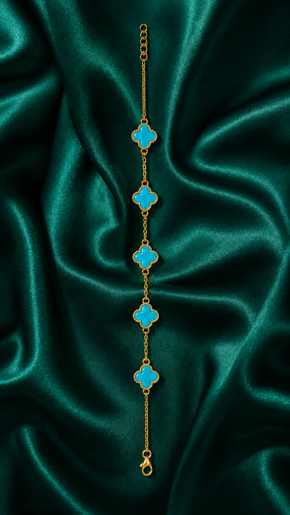 Gold Plated Brass Turquoise Clover Charm Bracelet for Women | Adjustable Fashion Bracelet | Elegant Everyday Jewellery