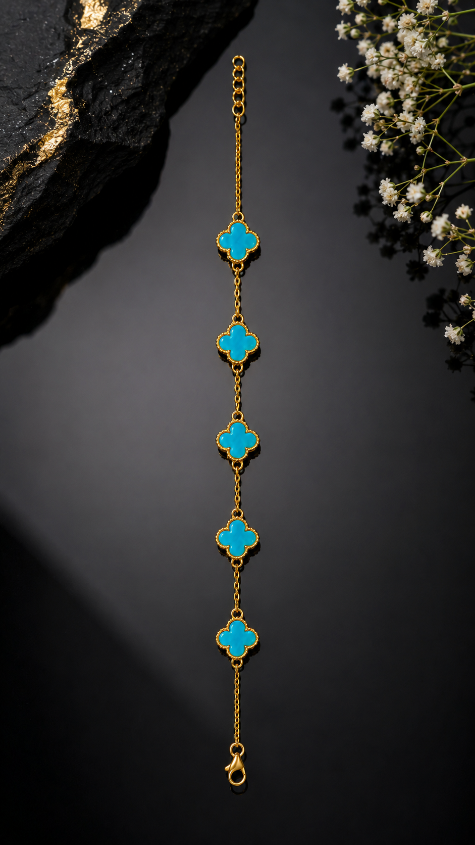 Gold Plated Brass Turquoise Clover Charm Bracelet for Women | Adjustable Fashion Bracelet | Elegant Everyday Jewellery