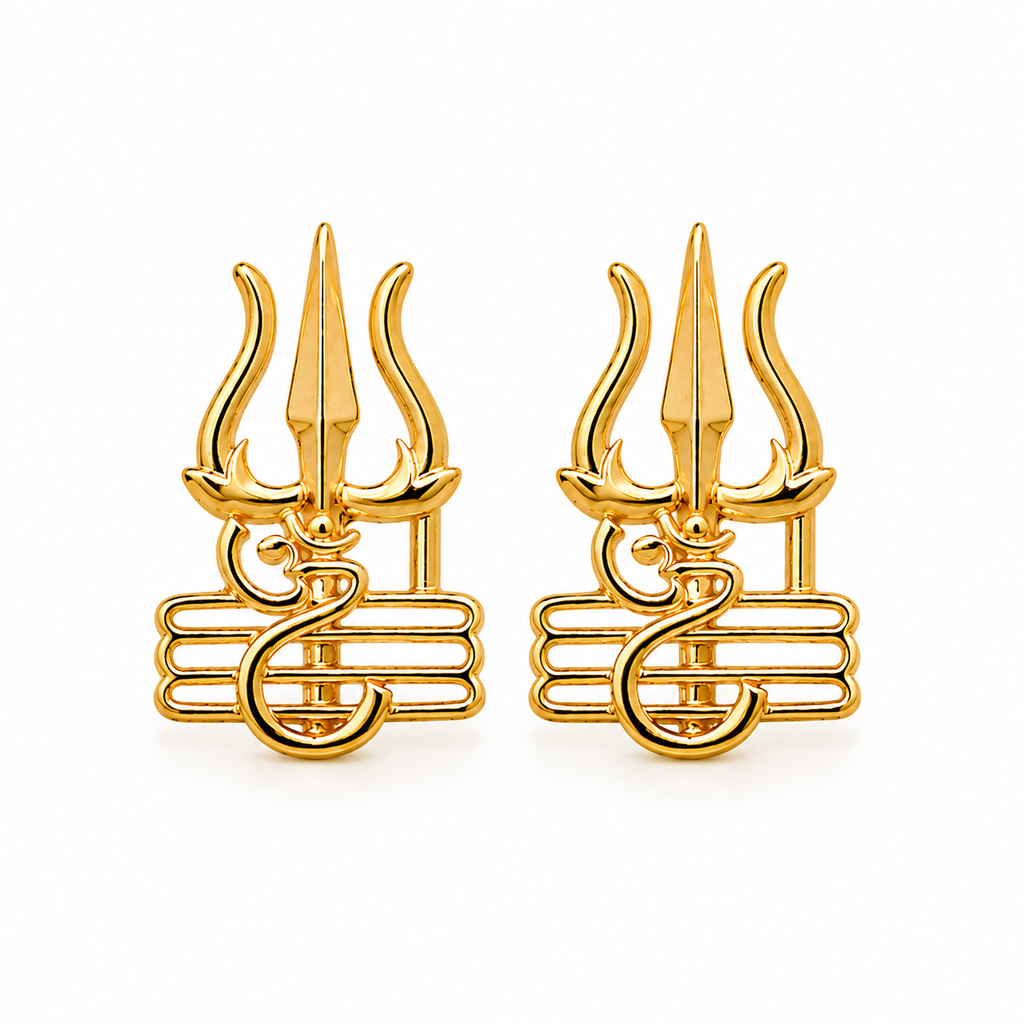 Gold Plated Trishul Om Stud Earrings for Men | Mahadev Shiv Trishul Earrings | Brass Religious Temple Stud Earrings | Spiritual Daily Wear Jewelry