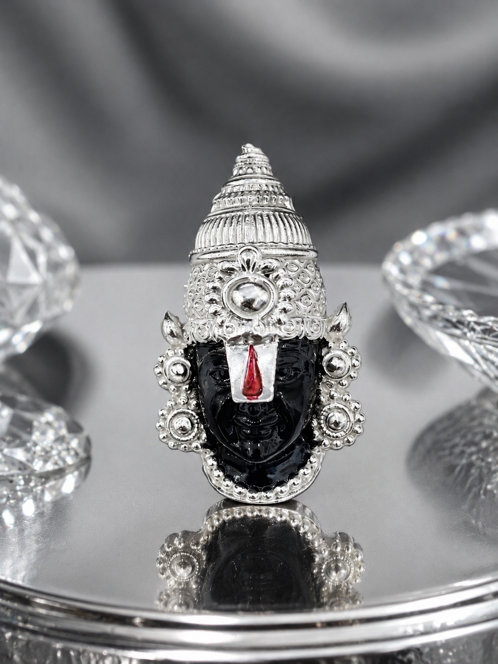 Tirupati Balaji Silver Plated Brass Brooch | Black Face Lord Venkateswara Brooch | Temple Jewelry Pin for Men & Women