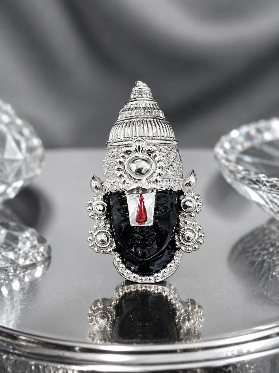 Tirupati Balaji Silver Plated Brass Brooch | Black Face Lord Venkateswara Brooch | Temple Jewelry Pin for Men & Women