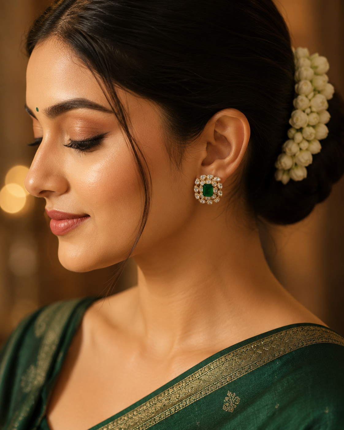 Gold Plated 925  Silver Moissanite Green Stone Stud Earrings | Elegant Floral Kundan Style Earrings for Women