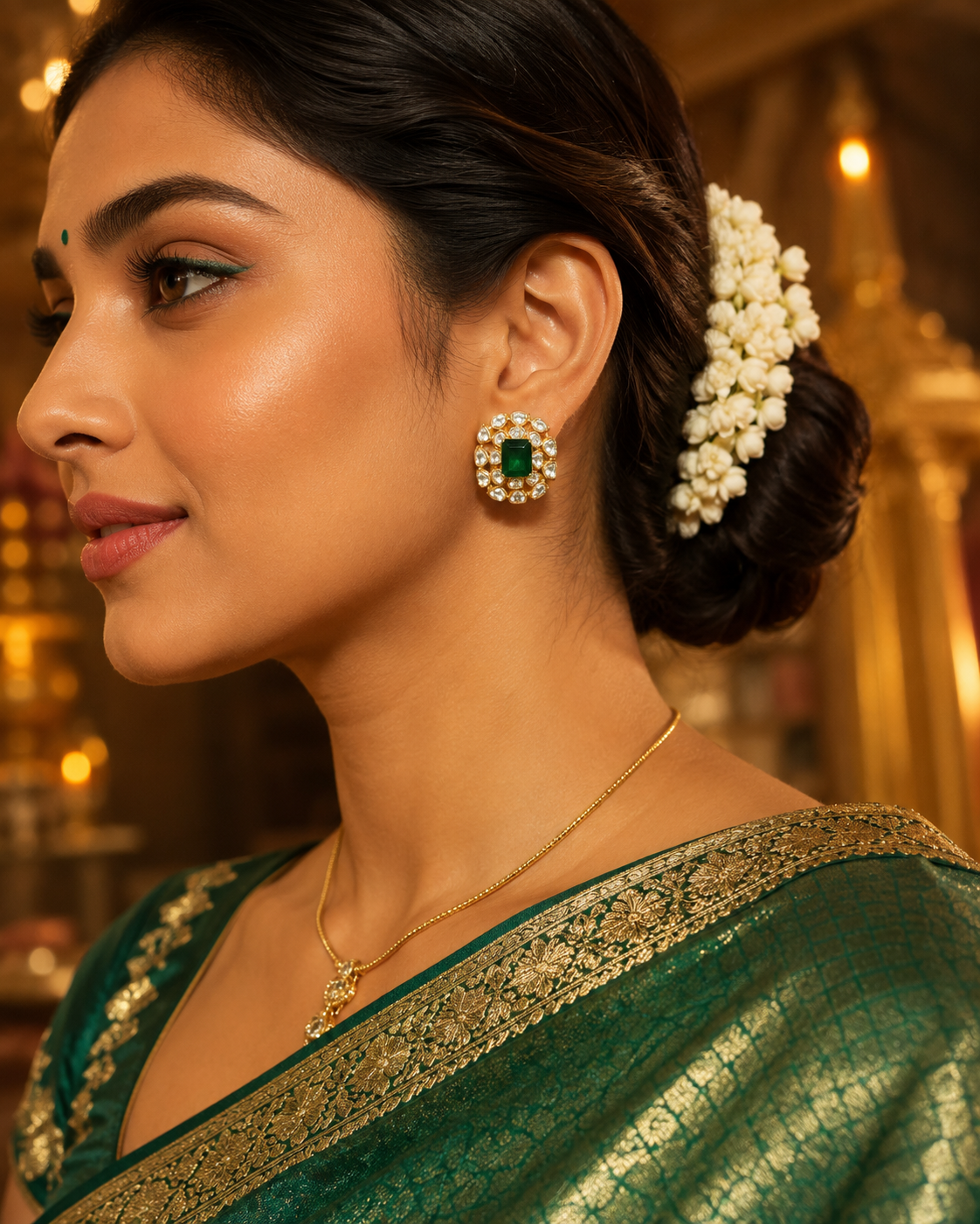 Gold Plated 925  Silver Moissanite Green Stone Stud Earrings | Elegant Floral Kundan Style Earrings for Women