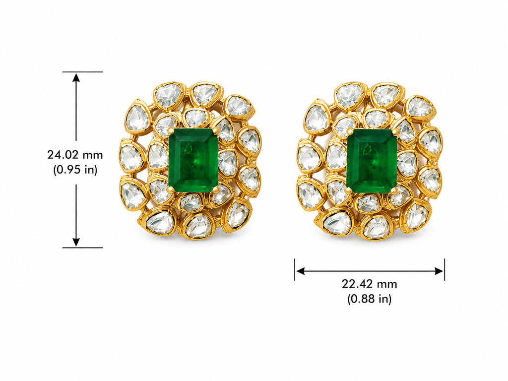Gold Plated 925  Silver Moissanite Green Stone Stud Earrings | Elegant Floral Kundan Style Earrings for Women