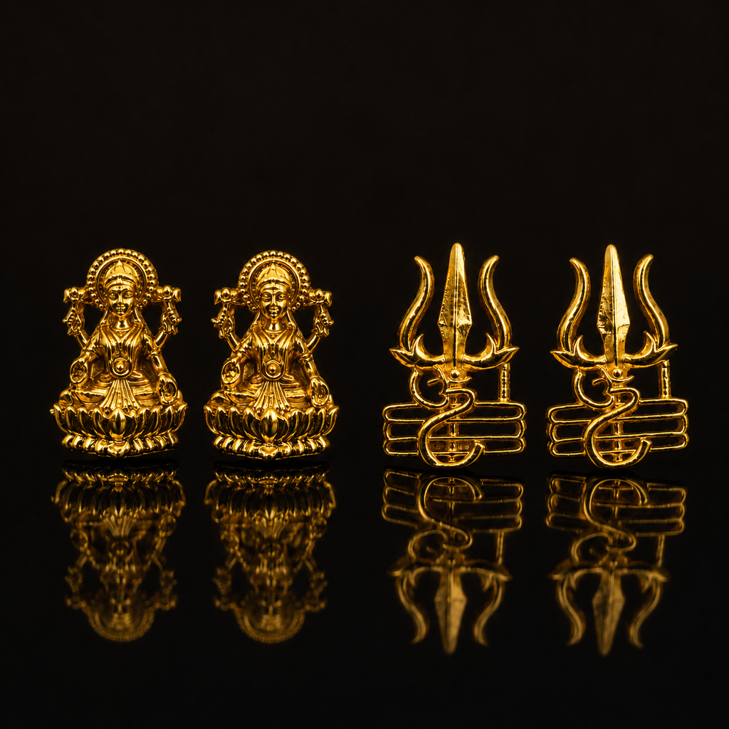 Gold Plated Brass Laxmi & Trishul Stud Earrings Combo for Couples | Traditional Goddess Lakshmi Studs for Women & Trishul Shiv Symbol Studs for Men | Religious Daily Wear Jewelry Gift Set