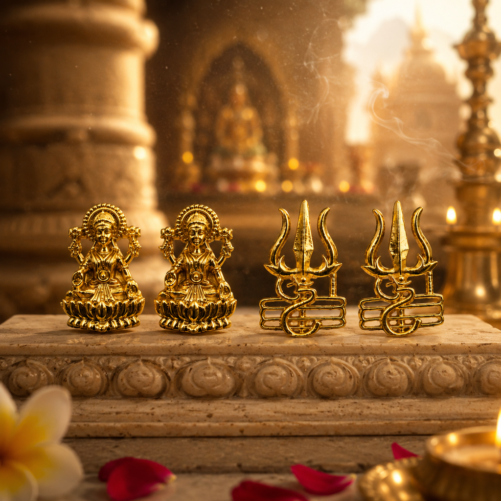Gold Plated Brass Laxmi & Trishul Stud Earrings Combo for Couples | Traditional Goddess Lakshmi Studs for Women & Trishul Shiv Symbol Studs for Men | Religious Daily Wear Jewelry Gift Set