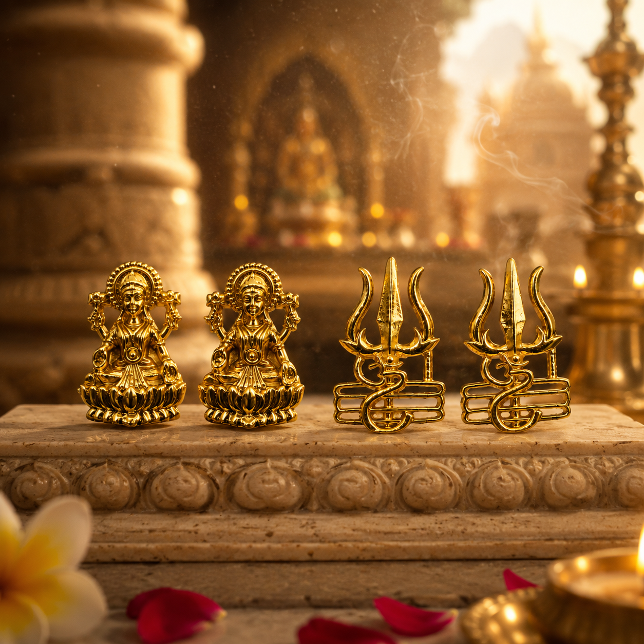 Gold Plated Brass Laxmi & Trishul Stud Earrings Combo for Couples | Traditional Goddess Lakshmi Studs for Women & Trishul Shiv Symbol Studs for Men | Religious Daily Wear Jewelry Gift Set