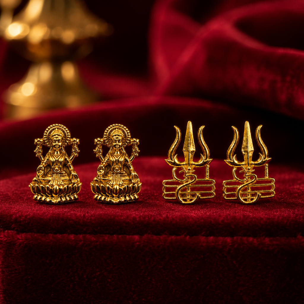 Gold Plated Brass Laxmi & Trishul Stud Earrings Combo for Couples | Traditional Goddess Lakshmi Studs for Women & Trishul Shiv Symbol Studs for Men | Religious Daily Wear Jewelry Gift Set